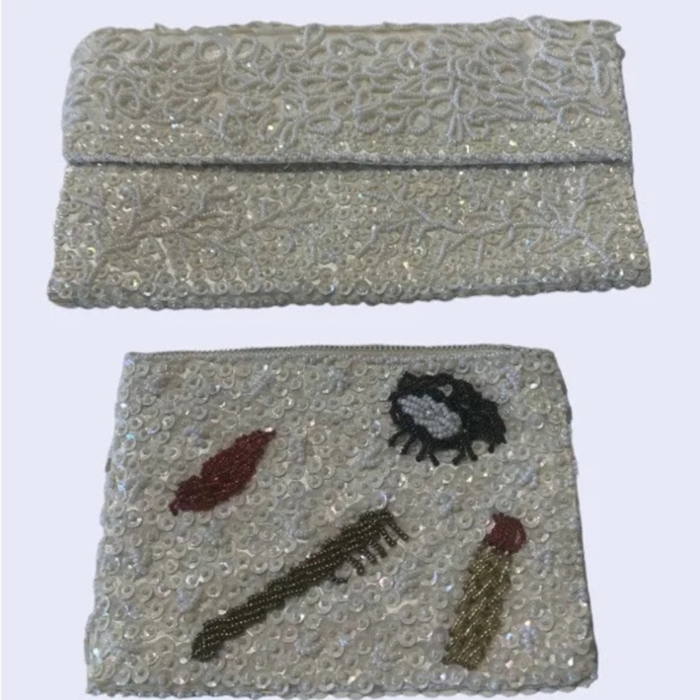 VTG K. Kimble 2 PC White Beaded Sequined Clutch Purse & Makeup Bag